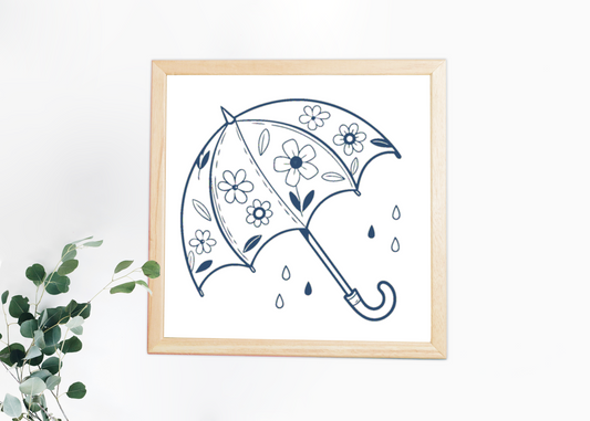 Cadre moderne avec design floral numérique, parapluie sous une pluie délicate, printemps