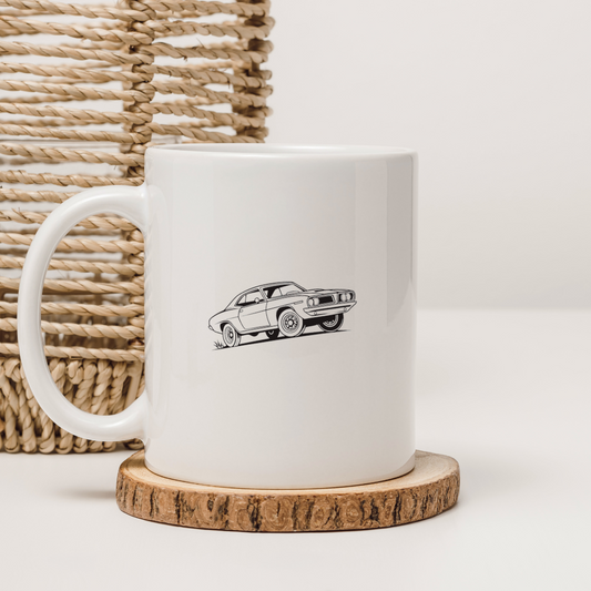 Design de mug avec illustration du Plymouth Barracuda pour amateurs de voitures.