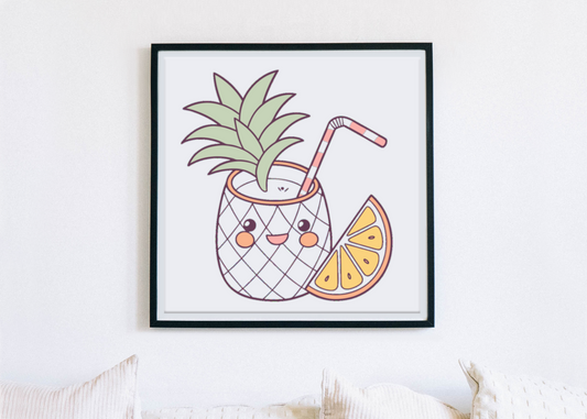 Cadre avec ananas kawaii joyeux, cocktail d'été, parfait pour une déco estivale