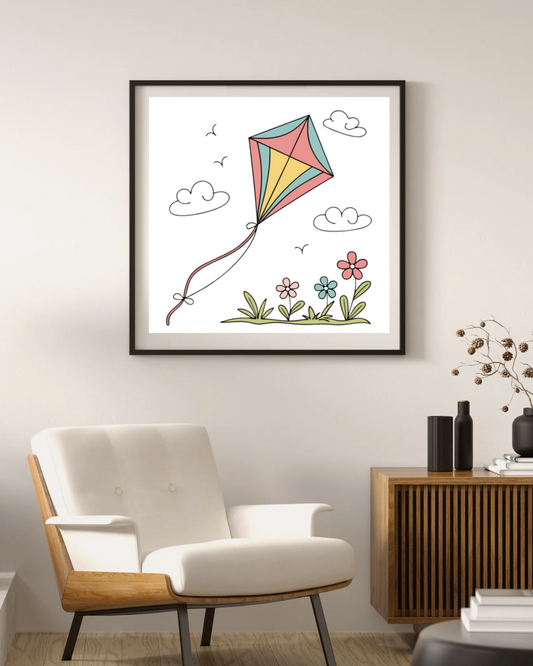 Cadre avec un cerf-volant joyeux coloré, ambiance printanière et style décontracté