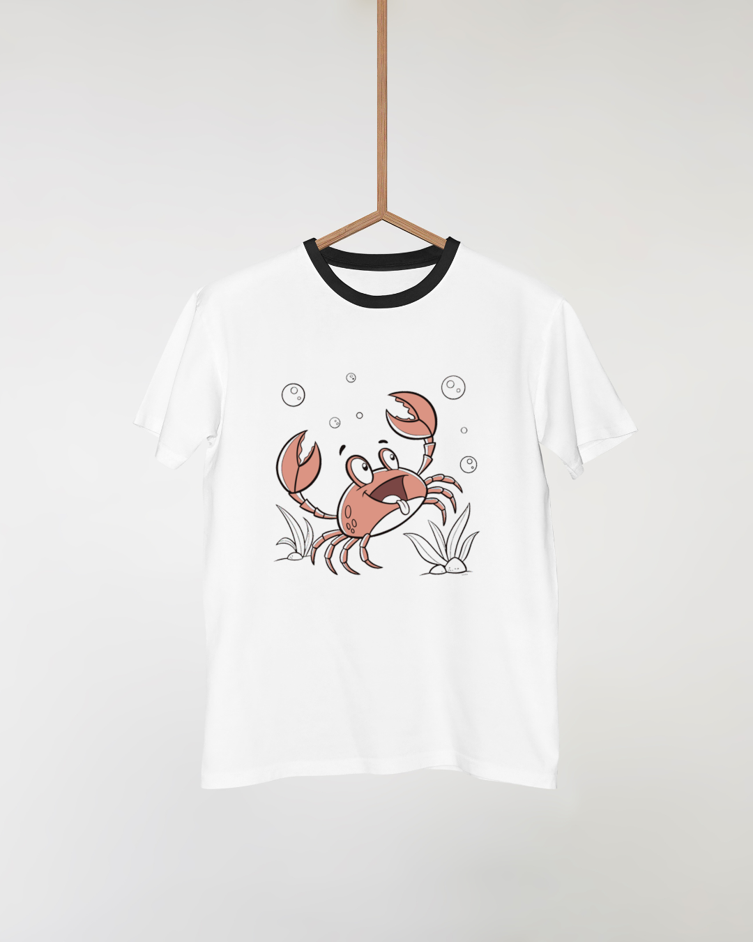 T-shirt avec crabe souriant amusant, style cartoon, ambiance océanique