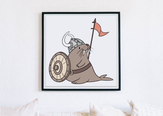 Cadre avec icône nordique montrant un morse viking courageux dans un style épique