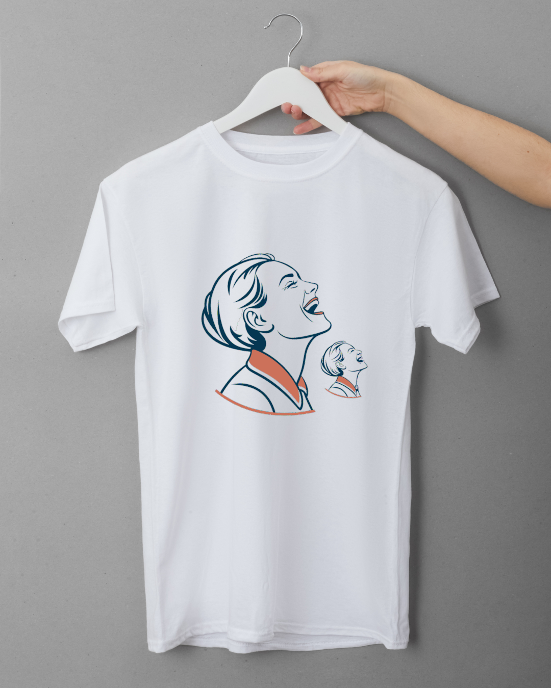 T-shirt estival avec femme riant aux éclats en style rétro vibrante et colorée
