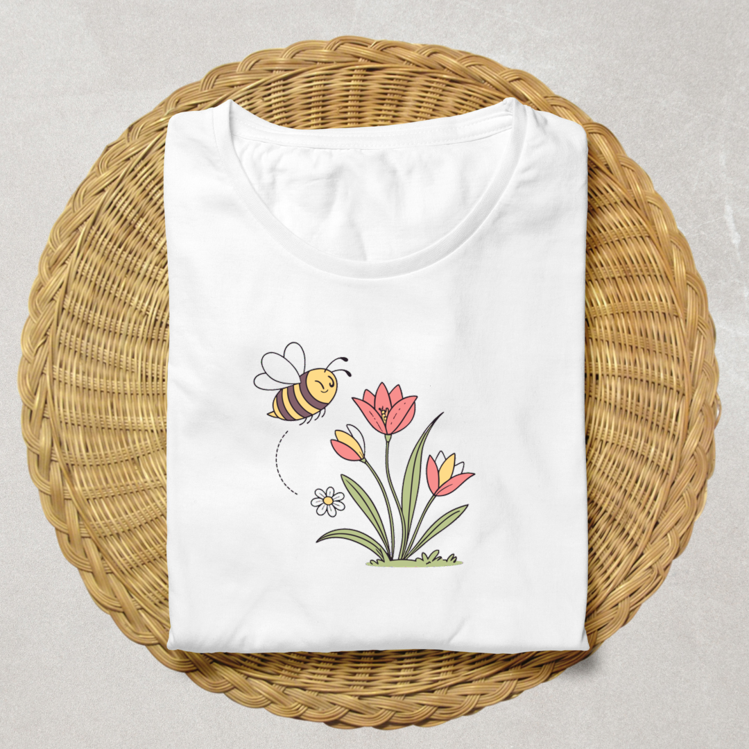 T-shirt abeille kawaii joyeuse dans un motif vectoriel floral doux printanier