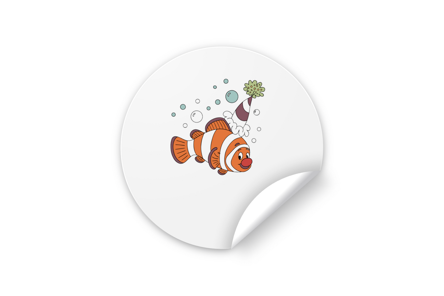 Sticker festif avec poisson clown style cartoon sur fond marin lumineux