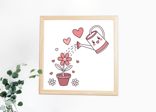 Cadre avec design kawaii de printemps arrosoir et fleur épanouie