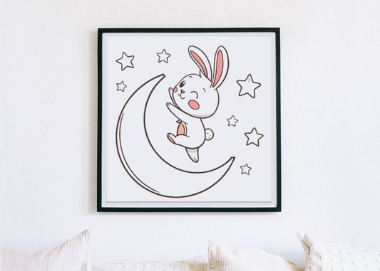 Cadre décoratif représentant un lapin joyeux sur la lune en style rêverie étoilée