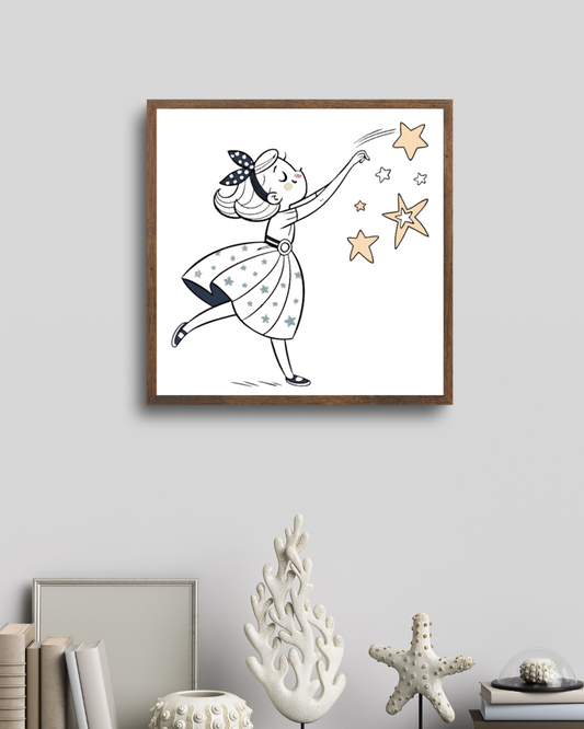 Cadre décoratif avec une fillette pensive tenant des étoiles dans un style doodle