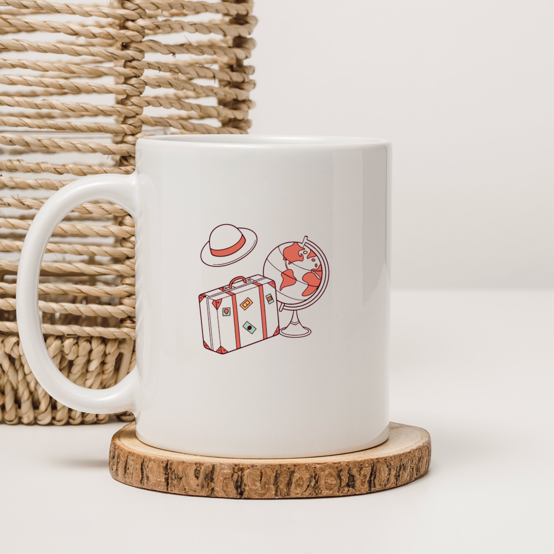 Mug avec design rétro d'un globe et d'une valise pour les amateurs de voyage