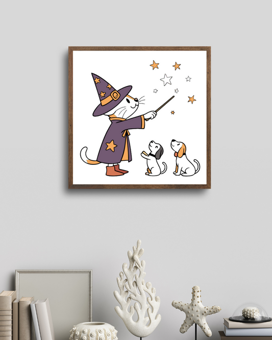 Cadre avec chat sorcier enchantant des chiens dans un style Halloween captivant