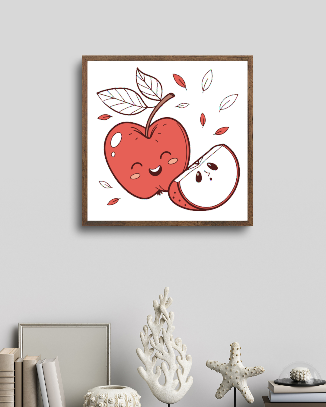 Décor automnal d'un cadre avec une pomme souriante en plein vol