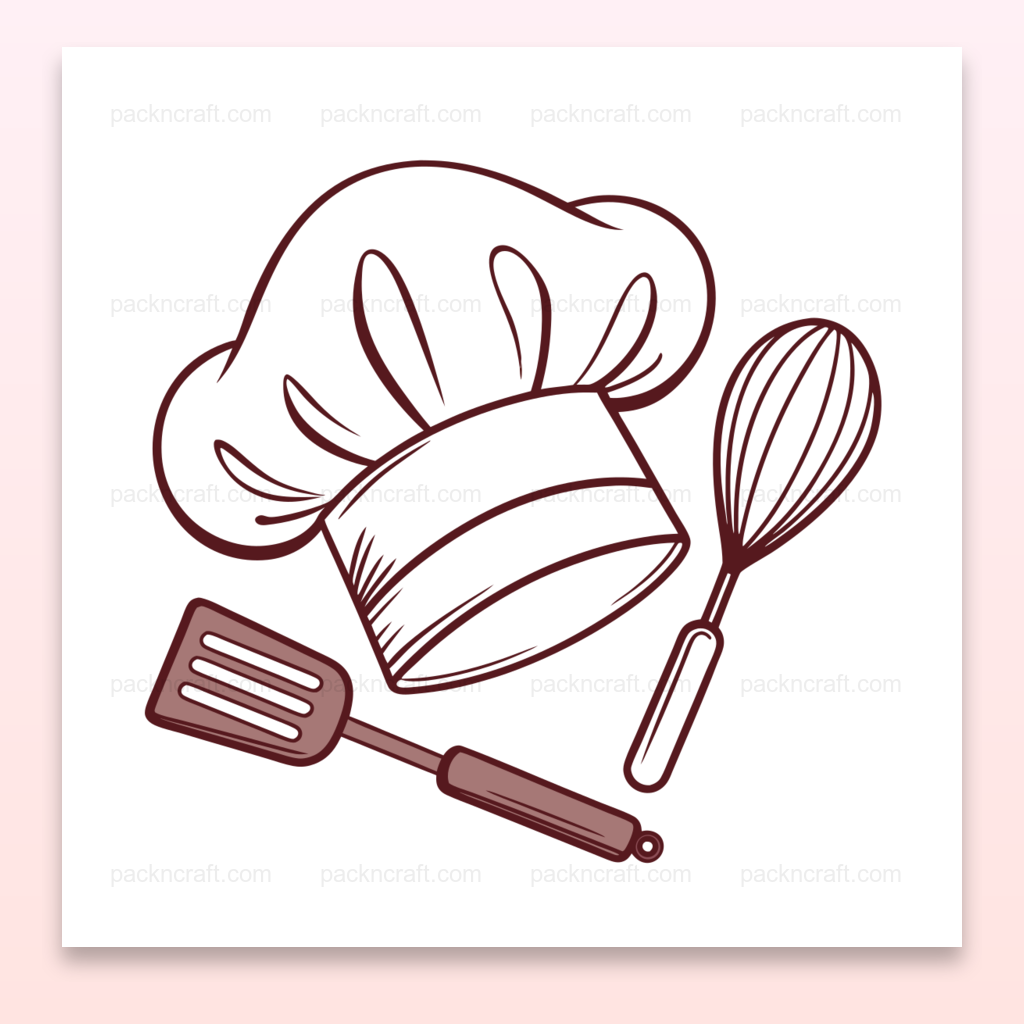 Illustration de chapeau de chef avec ustensiles pour projets DIY., Mug personnalisé avec motif de chef et ustensiles., Cadre de cuisine avec illustration vintage de chef., Sticker d'ustensiles de cuisine et chapeau de chef., T-shirt décoré avec un design de chef et ustensiles.