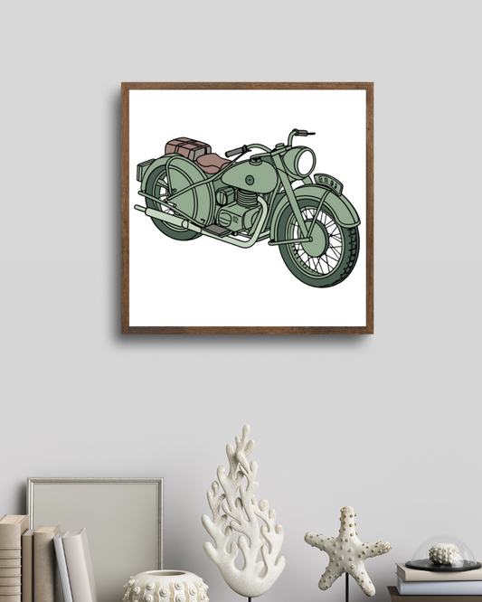 Motocyclette vintage en illustration, idéale pour décoration rétro