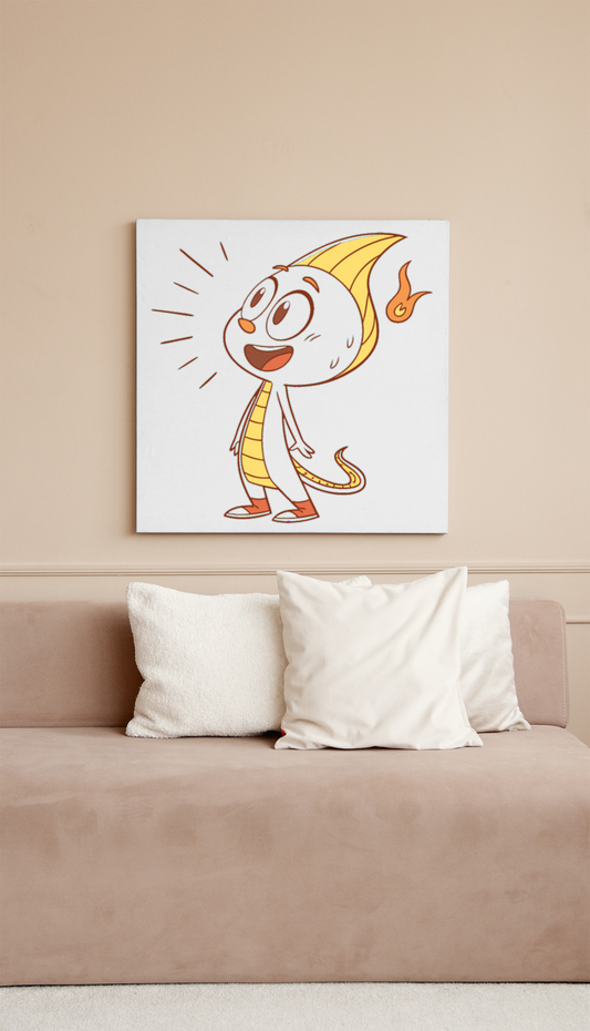 Cadre avec un petit dragon joyeux au style cartoon entouré d'une ambiance fantastique