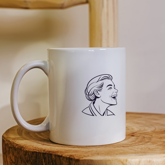 Mug rétro avec icône de femme riant joyeusement au style vectoriel vintage
