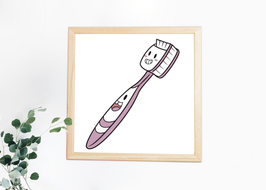 Cadre décoratif avec brosse à dents souriante dans une ambiance de salle de bain chaleureuse