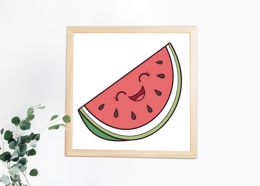 Décor estival sur cadre avec pastèque Kawaii souriante, style éclatant et joyeux