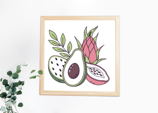 Cadre vibrant avec avocat et pitaya, style coloré pour amateurs de fruits exotiques