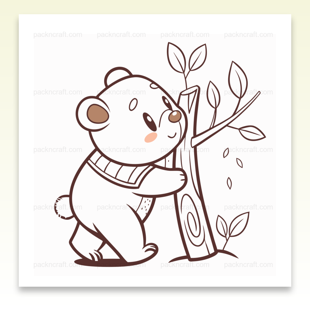 Illustration d'un ourson câlinant un arbre en style pastel, idéale pour projets DIY et décorations.