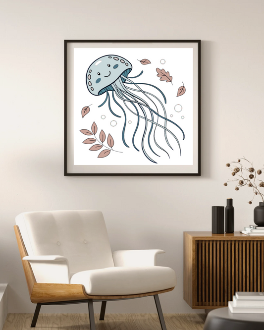 Cadre avec méduse joyeuse aux couleurs marines sur fond minimaliste
