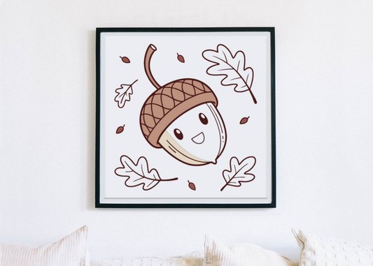 Cadre présentant un gland riant joyeusement dans un décor d'automne kawaii