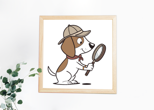 Cadre avec un chien détective stylisé évoquant mystère et aventure