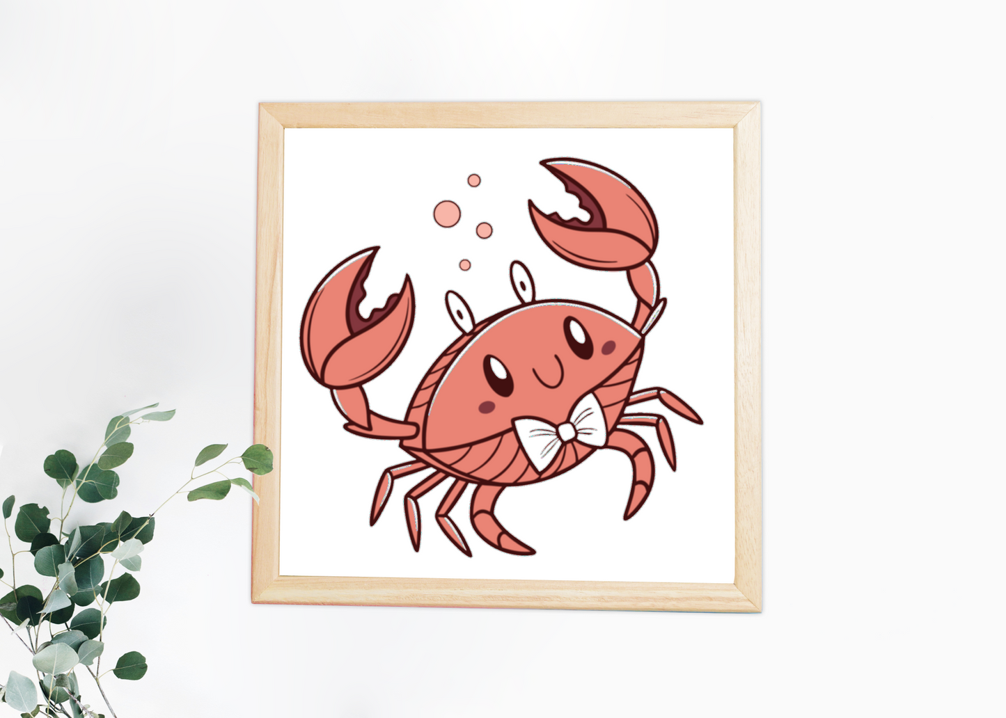 Cadre affichant un crabe kawaii avec nœud papillon dans un style marin amusant