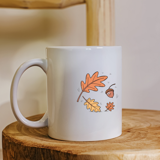 Mug avec design tourbillonnant de gland joyeux en style animé d'automne