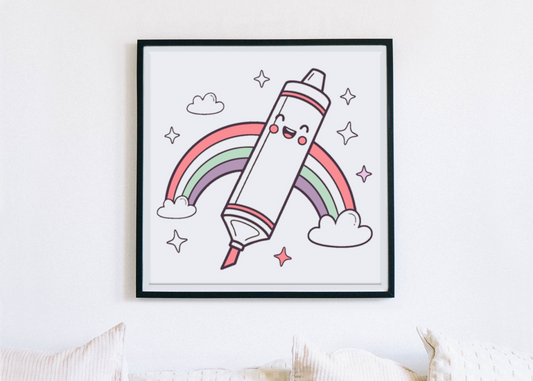 Cadre au style éducatif avec crayon joyeux et arc-en-ciel décoratif