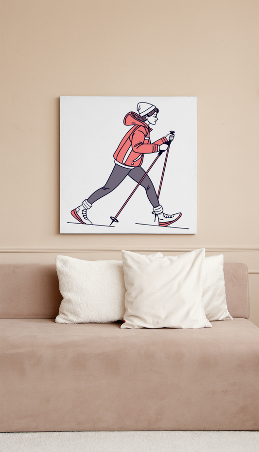 Cadre avec design doodle évoquant la marche sur neige dans une aventure hivernale