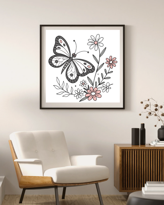 Cadre mural avec papillon pastel sur fleurs printanières décoration artistique