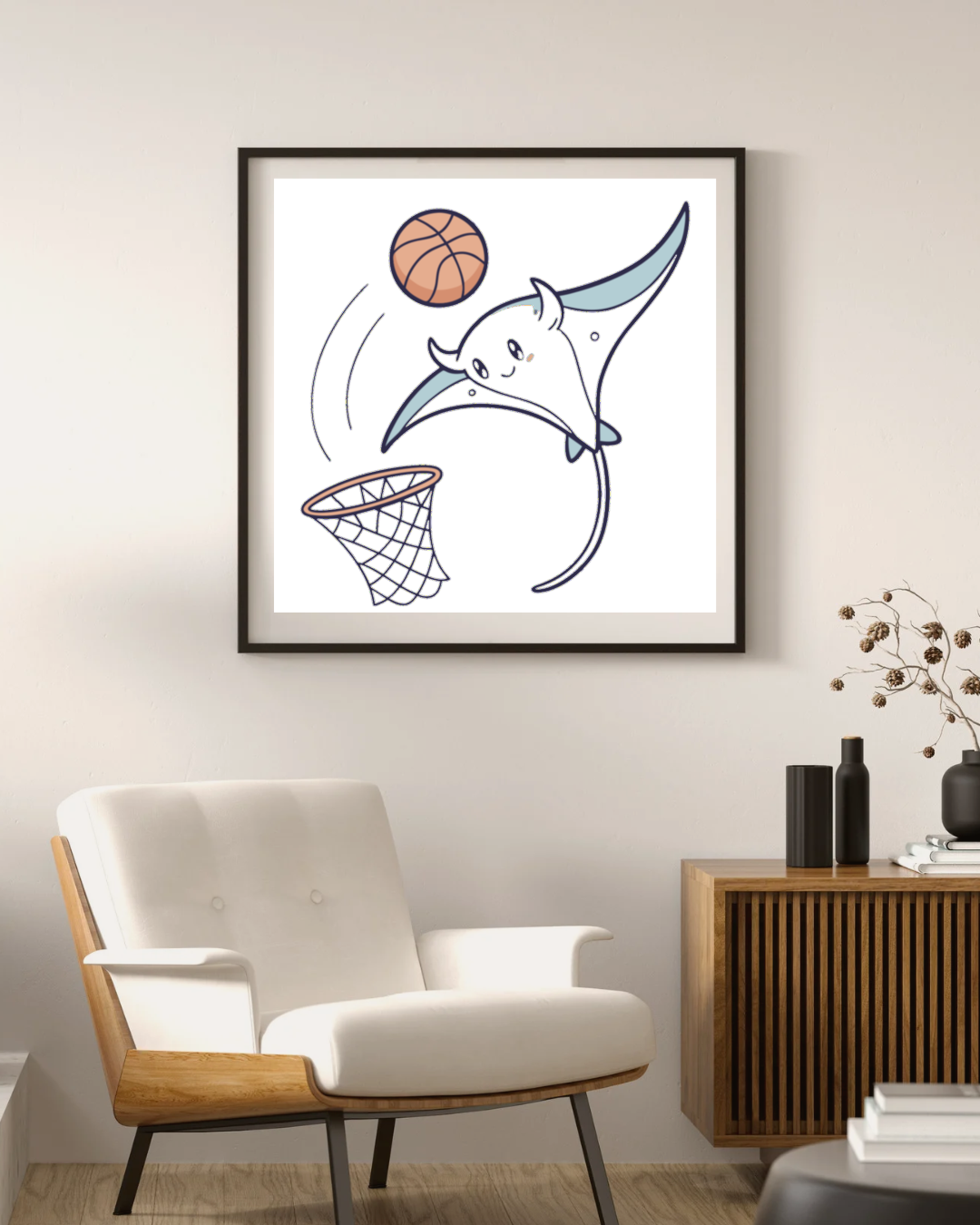 Cadre avec raie manta stylisée en plein basket dans une ambiance marine dynamique