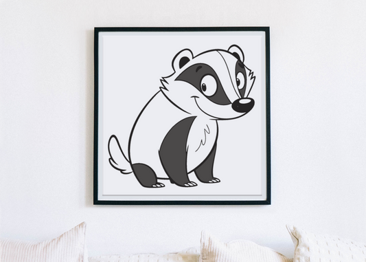 Cadre décoratif avec blaireau cartoon souriant en style minimaliste et amusant