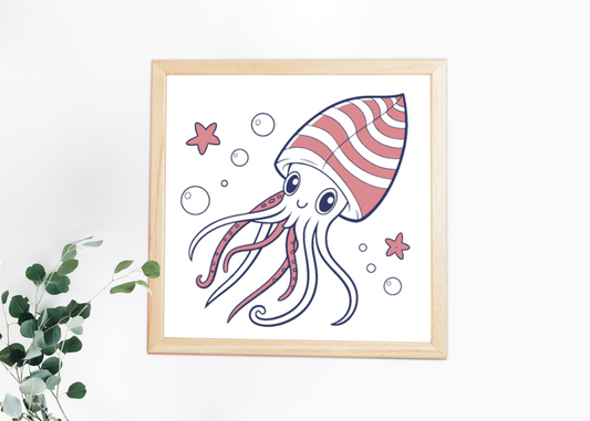 Cadre décoratif avec calmar jovial en style cartoon ambiance aquatique