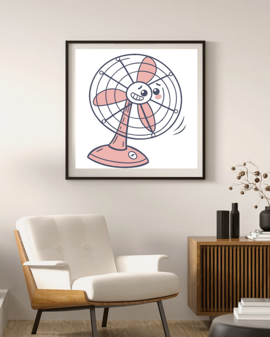 Cadre avec doodle joyeux de ventilateur souriant créant une ambiance dynamique