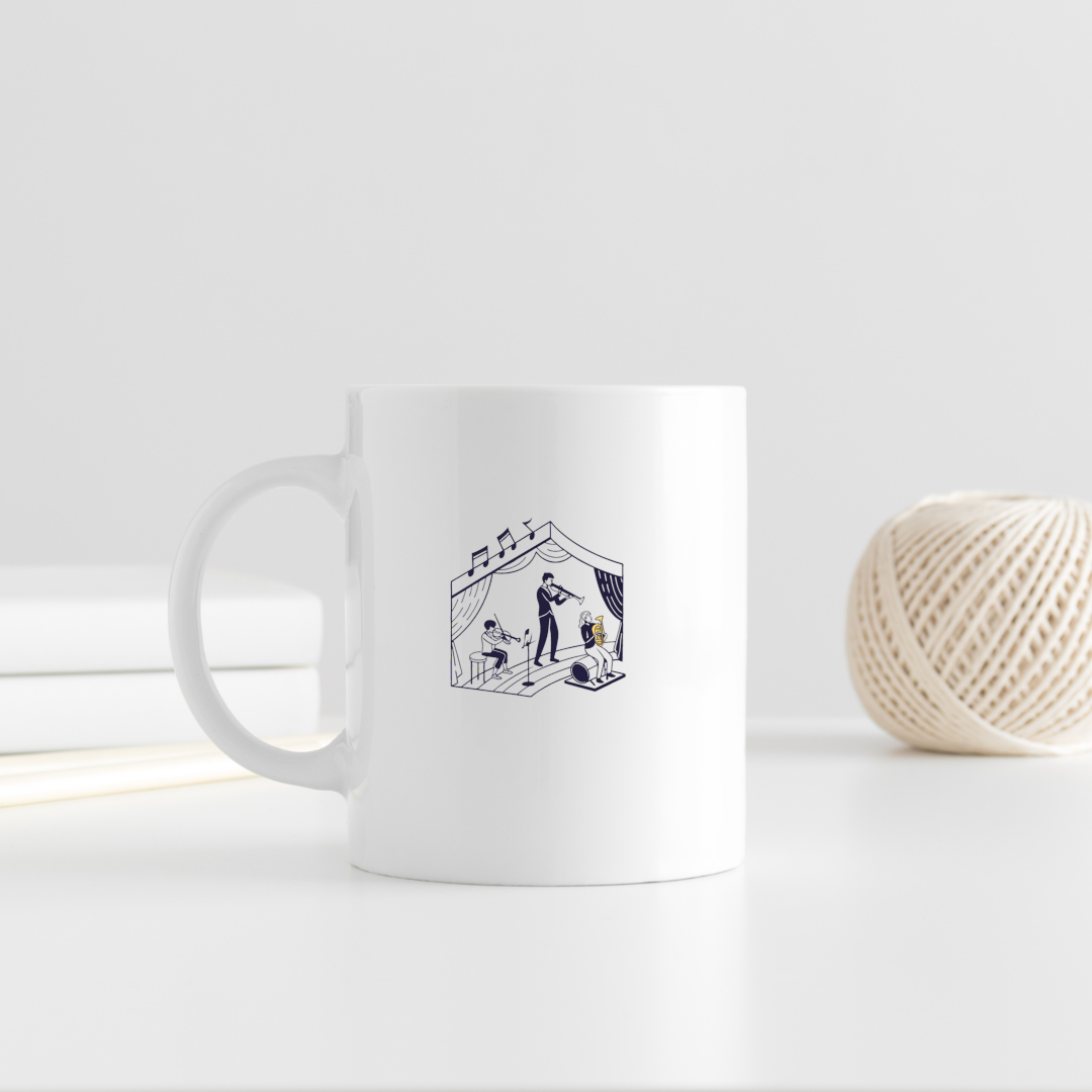 Mug élégant avec icône monochrome de musiciens en scène dans un style minimaliste