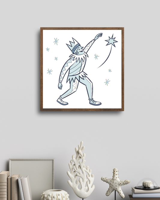 Cadre décoratif avec roi étoilé souriant dans un design pastel enchanteur