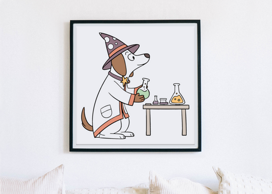 Cadre avec chien sorcier chimiste sur fond magique pour amener la science ludique