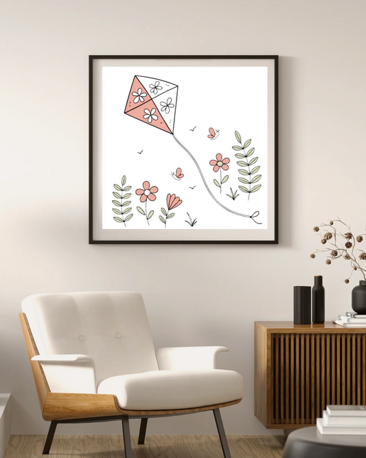 Cadre décoratif avec cerf-volant fleuri sur fond printanier coloré