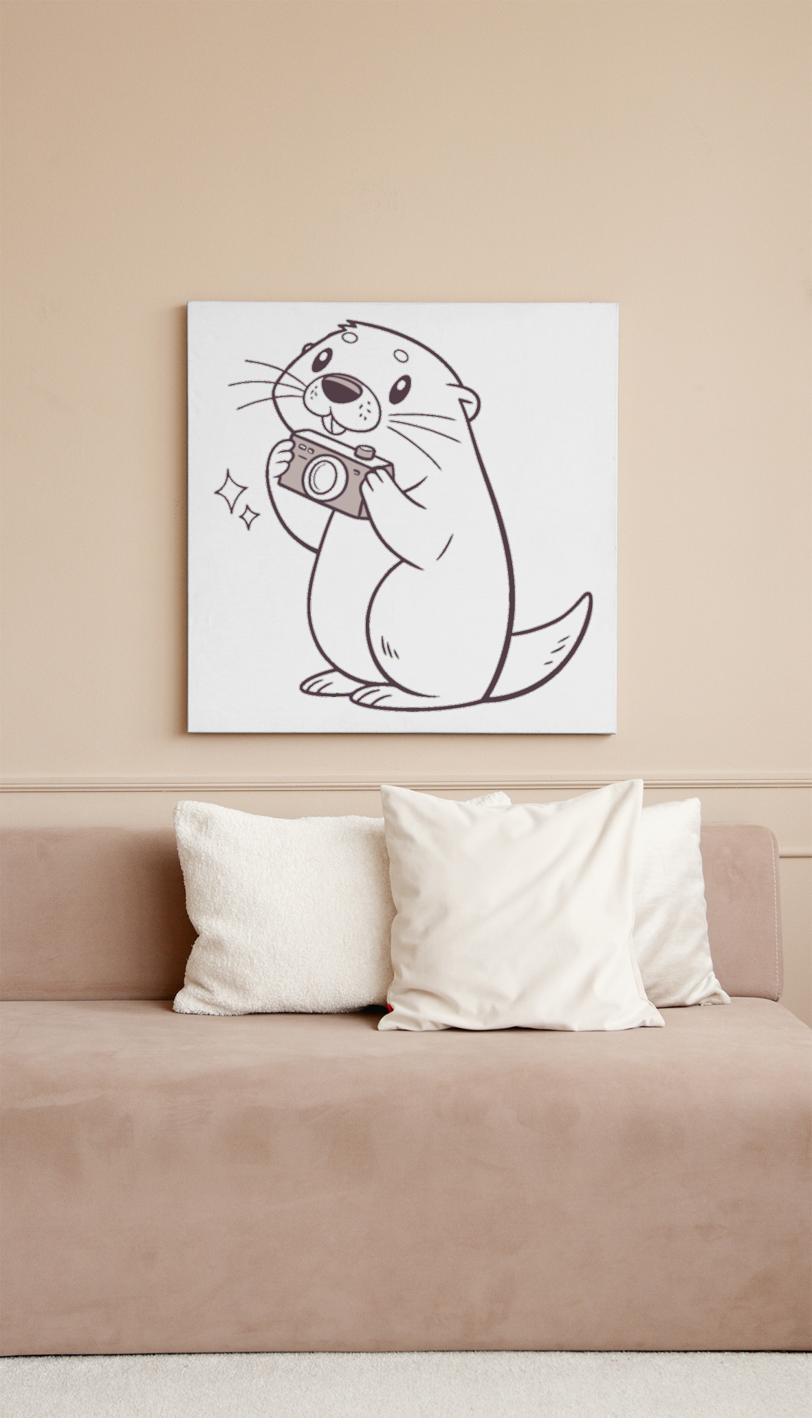Cadre décoratif avec une loutre joyeuse dans un style minimaliste et naturel