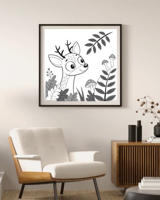 Cadre avec faon curieux style doodle apportant une touche de nature paisible