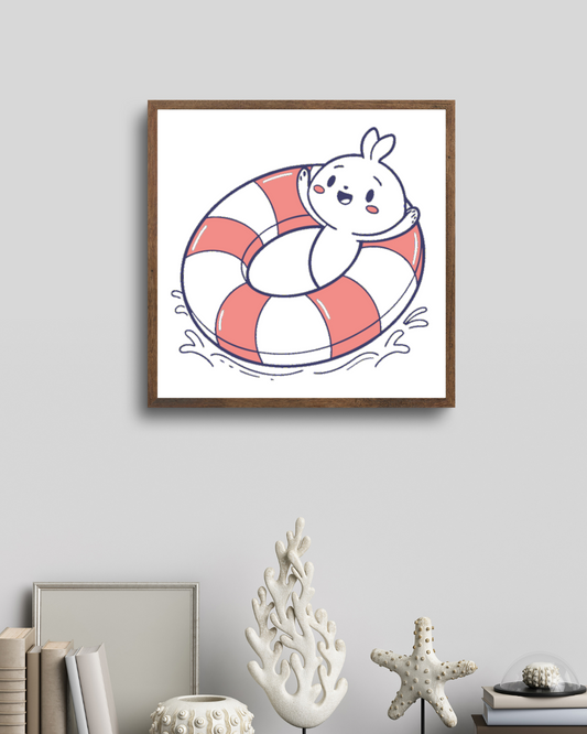 Cadre illustrant un lapin joyeux avec une bouée, parfait pour un été amusant