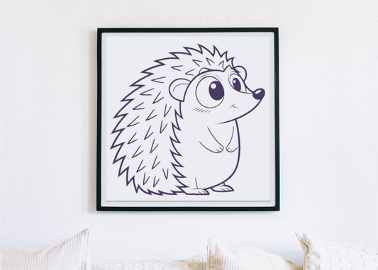 Cadre avec hérisson kawaii, style nature enchantée, ajout parfait pour une déco branchée