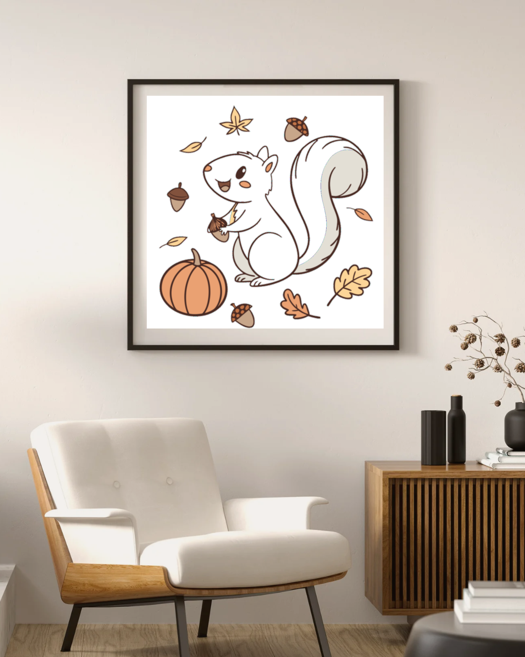 Cadre affichant un écureuil joyeux aux couleurs pastel typiques de l'automne