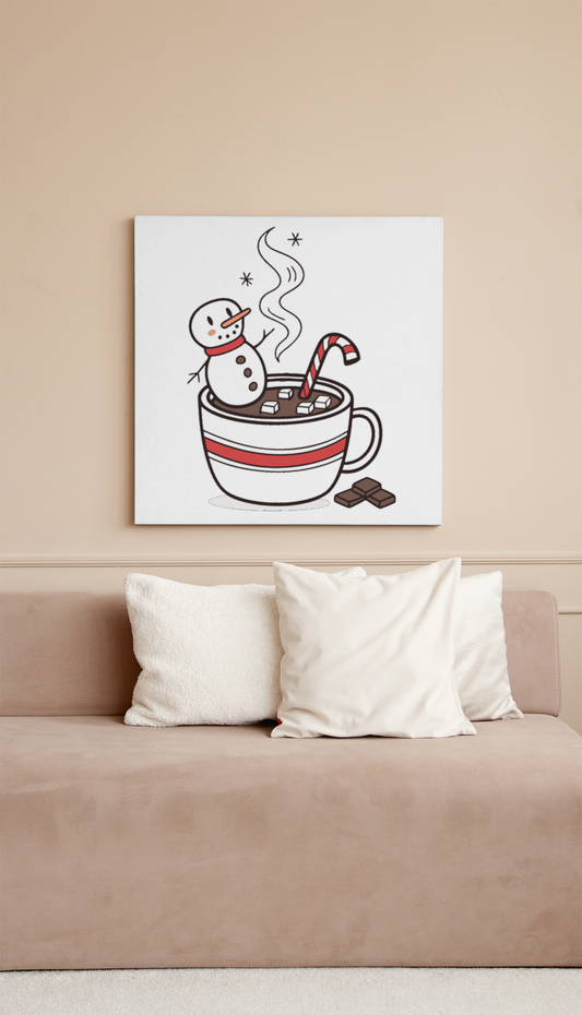 Cadre festif avec bonhomme de neige flottant dans chocolat chaud au style enchanteur