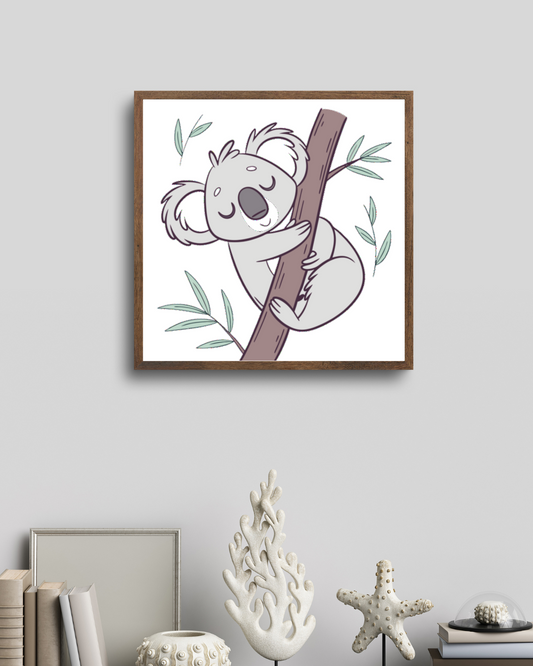 Cadre affichant un koala endormi sur un arbre dans un style minimaliste et apaisant