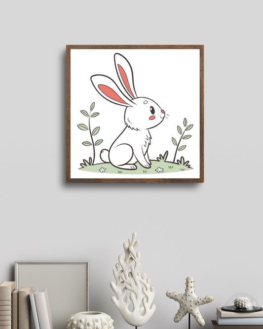 Cadre avec dessin pastel d'un lapin curieux dans un jardin adorable et naturel