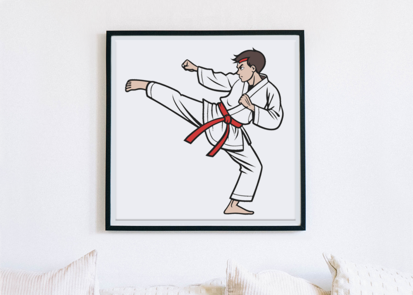 Cadre décoratif avec un karateka illustré en mouvement art martial moderne