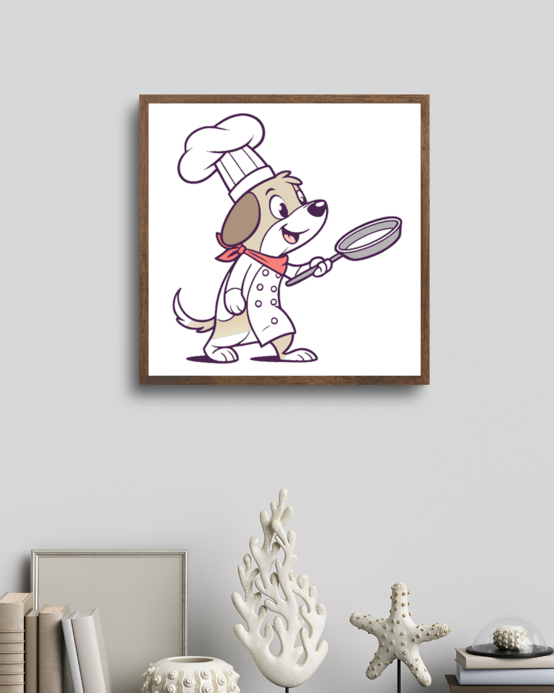 Cadre amusant montrant un chien cuisinier animé préparant des plats savoureux