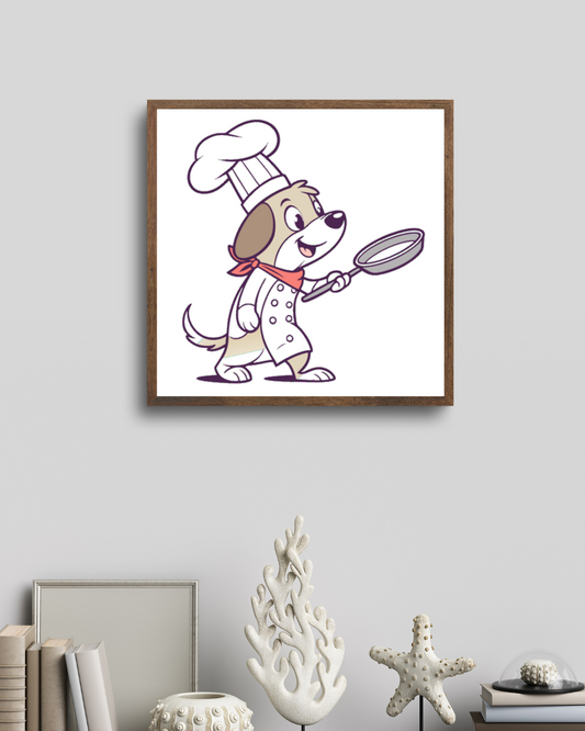 Cadre amusant montrant un chien cuisinier animé préparant des plats savoureux